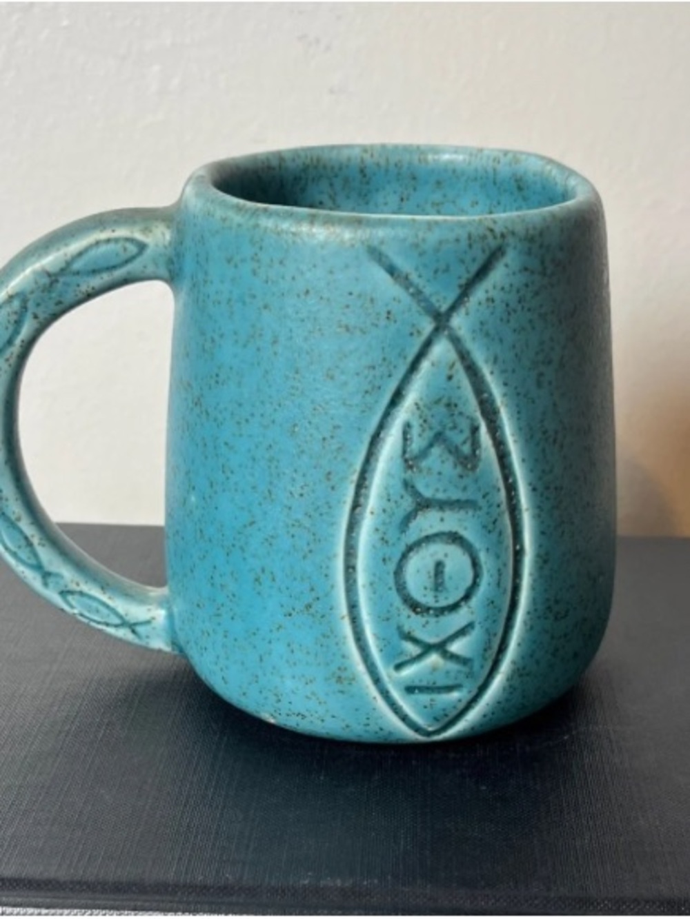 Handmade Art Pottery Blue Speckle Jesus Fish IXOYE Coffee Tea Hot Cocoa 12oz